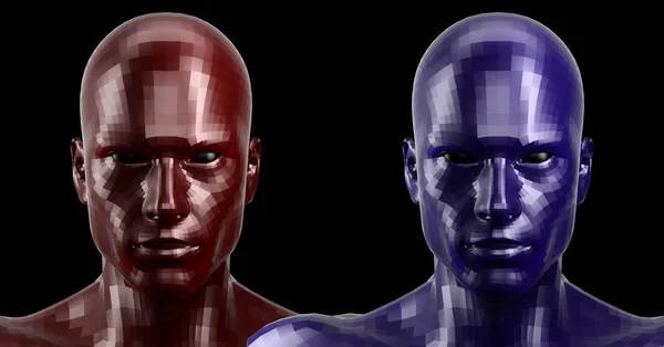 Rendering 3D. Due sfaccettate teste di androide rosse e blu che guardano davanti sulla fotocamera — Foto Stock