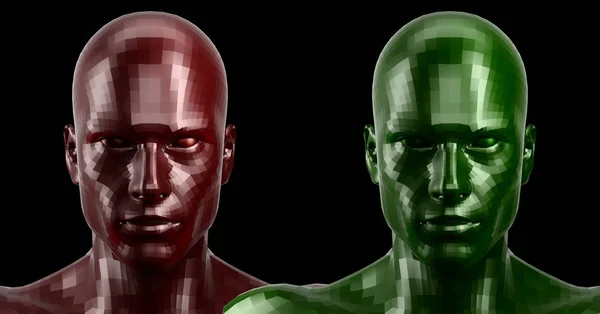 Renderizado 3d. Dos cabezas androides rojas y verdes facetadas mirando al frente en la cámara — Foto de Stock