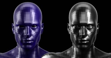 3D render. Ön kameraya bakarak iki siyah mavi yönlü android baş