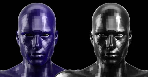 Rendement 3D. Deux têtes androïdes à facettes noires et bleues regardant devant la caméra — Photo