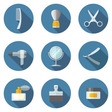 Düz Icon set tıraş. Tıraş jilet, köpük, tıraş kremi vektör simgeleri sonra.