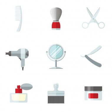 Düz Icon set tıraş. Tıraş jilet, köpük, tıraş kremi vektör simgeleri sonra.