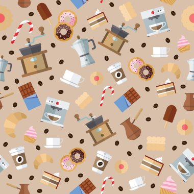 Kahve ve tatlı tatlı düz seamless modeli. 