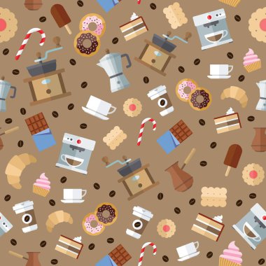 Kahve ve tatlı tatlı düz seamless modeli. 