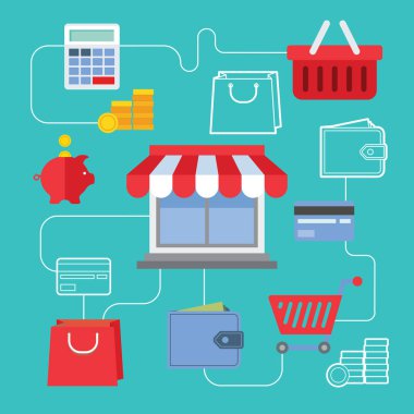 online alışveriş için düz tasarım konsepti simgeler kümesi. online alışveriş için simgeleri eklemek çanta, ödeme ve teslimat.