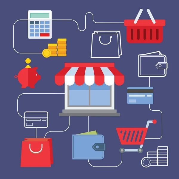 online alışveriş için düz tasarım konsepti simgeler kümesi. online alışveriş için simgeleri eklemek çanta, ödeme ve teslimat.