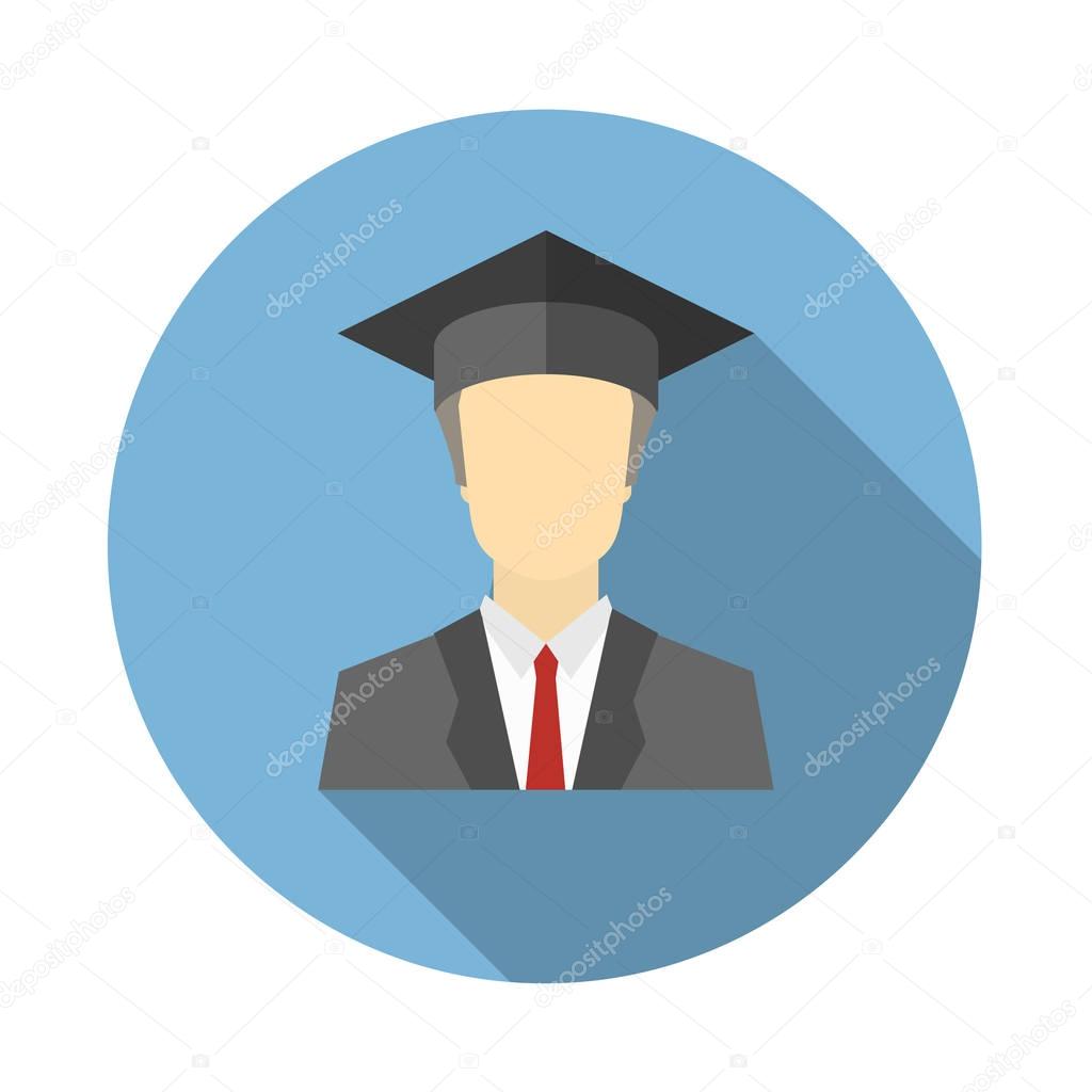 Graduated boy, man in an academic cap icon. Avatar and person illustration. Flat colored icon with long shadow. Vector illustration