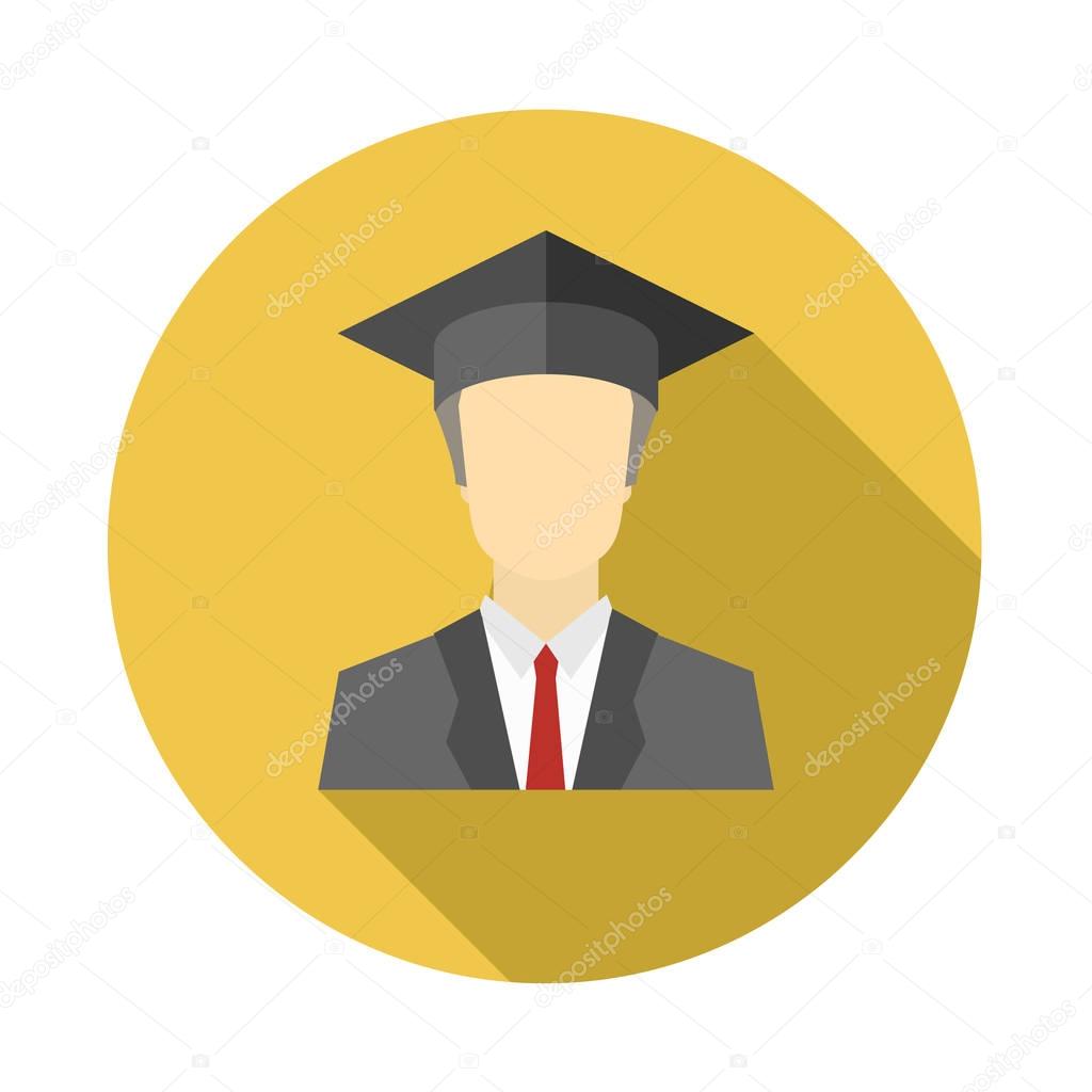 Graduated boy, man in an academic cap icon. Avatar and person illustration. Flat colored icon with long shadow. Vector illustration