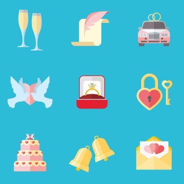 Düğün simgeler düz tasarım kümesi