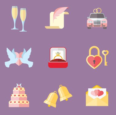 Düğün simgeler düz tasarım kümesi