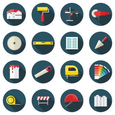 Uzun gölgeler ile düz tasarım inşaat simgeler kümesi