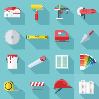 Uzun gölgeler ile düz tasarım inşaat simgeler kümesi