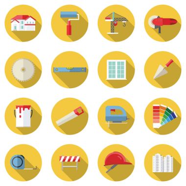 Uzun gölgeler ile düz tasarım inşaat simgeler kümesi