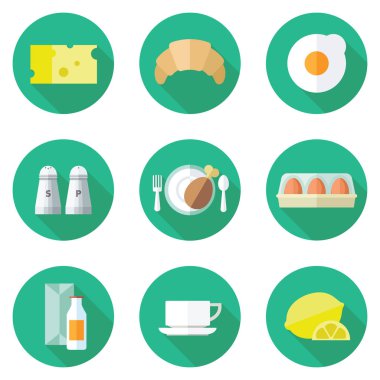 Kahvaltı yiyecek ve içecek simgeleri düz stil.