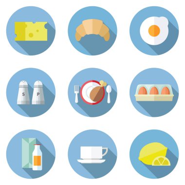 Kahvaltı yiyecek ve içecek simgeleri düz stil.