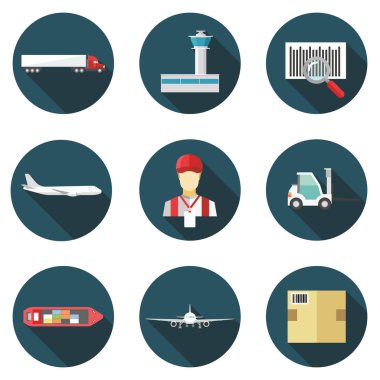 Kargo gemisi teslimat kamyonu ağır kutusu izole vektör çizim lojistik düz simgeler kümesi