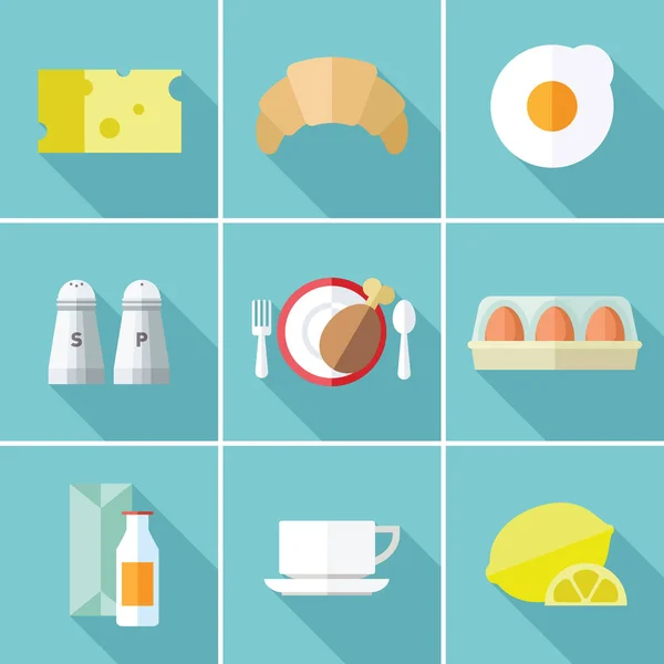 Comida para el desayuno y bebidas iconos en estilo plano . — Vector de stock