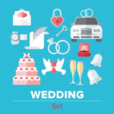 Düğün simgeler düz tasarım kümesi
