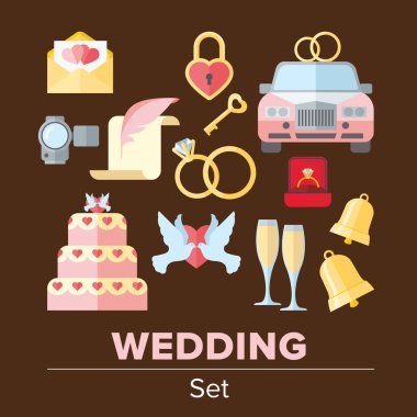 Düğün simgeler düz tasarım kümesi