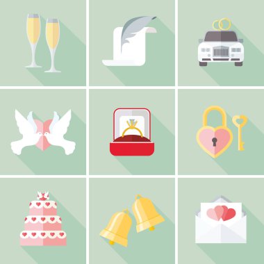 Düğün simgeler düz tasarım kümesi