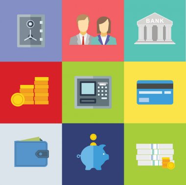 Web ve mobil banka hizmetleri ve uygulamaları için düz tasarım kavramı simgeler kümesi. Banka için simgeler? para ve online ödeme ağ geçidi