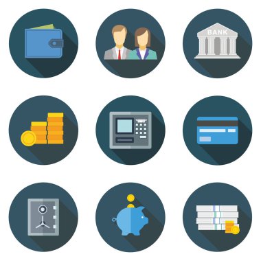 Web ve mobil banka hizmetleri ve uygulamaları için düz tasarım kavramı simgeler kümesi. Banka için simgeler? para ve online ödeme ağ geçidi