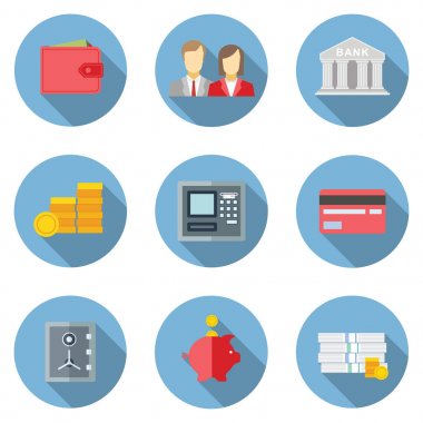 Web ve mobil banka hizmetleri ve uygulamaları için düz tasarım kavramı simgeler kümesi. Banka için simgeler? para ve online ödeme ağ geçidi