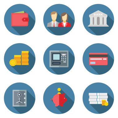 Web ve mobil banka hizmetleri ve uygulamaları için düz tasarım kavramı simgeler kümesi. Banka için simgeler? para ve online ödeme ağ geçidi