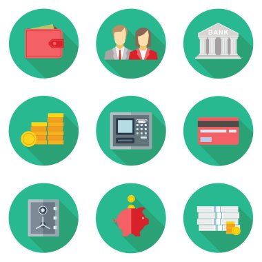 Web ve mobil banka hizmetleri ve uygulamaları için düz tasarım kavramı simgeler kümesi. Banka için simgeler? para ve online ödeme ağ geçidi