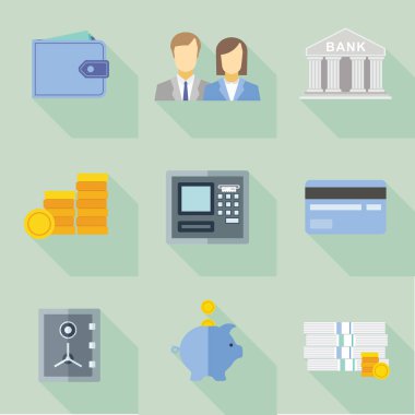 Web ve mobil banka hizmetleri ve uygulamaları için düz tasarım kavramı simgeler kümesi. Banka için simgeler? para ve online ödeme ağ geçidi