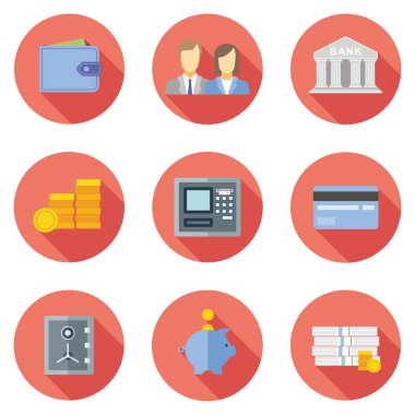 Web ve mobil banka hizmetleri ve uygulamaları için düz tasarım kavramı simgeler kümesi. Banka için simgeler? para ve online ödeme ağ geçidi