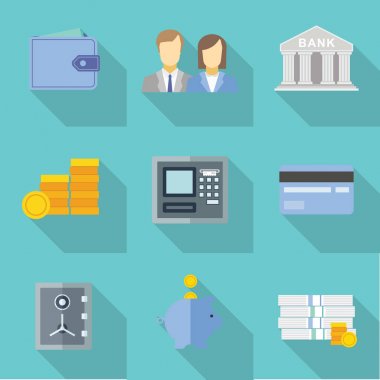 Web ve mobil banka hizmetleri ve uygulamaları için düz tasarım kavramı simgeler kümesi. Banka için simgeler? para ve online ödeme ağ geçidi