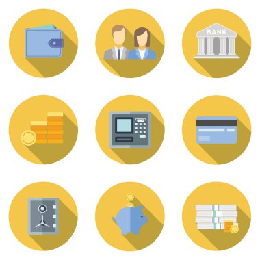 Web ve mobil banka hizmetleri ve uygulamaları için düz tasarım kavramı simgeler kümesi. Banka için simgeler? para ve online ödeme ağ geçidi