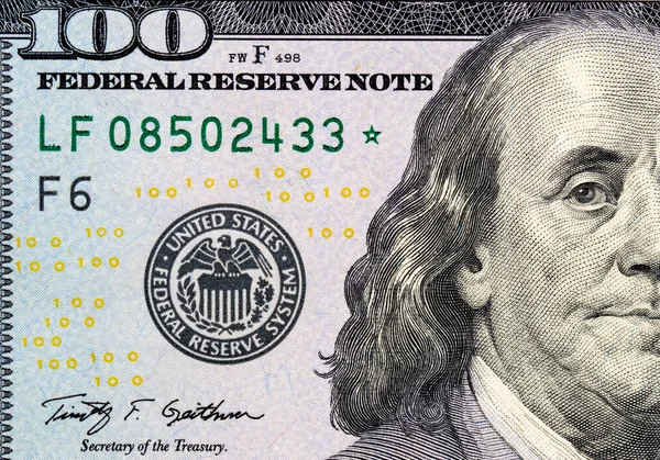 Close Πορτρέτο Benjamin Franklin Στο Χαρτονόμισμα Των 100 Δολαρίων — Φωτογραφία Αρχείου