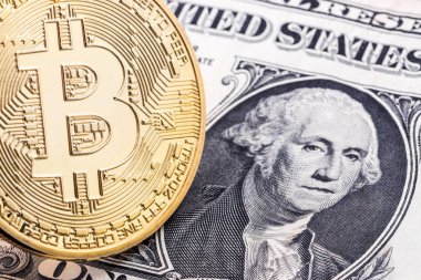 2 dolar bill zemin üzerine altın bitcoin Close-Up