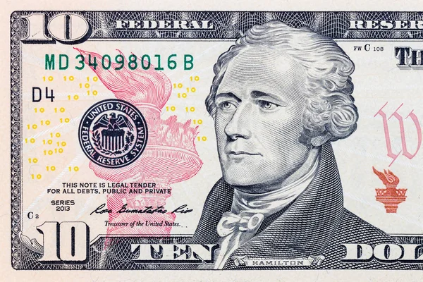 Close Nota Dez Dólares Com Retrato Presidente Hamilton — Fotografia de Stock