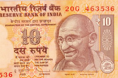 yakın çekim 10 Hint Rupisi frontside Mahatma Gandhi ile. Arka plan