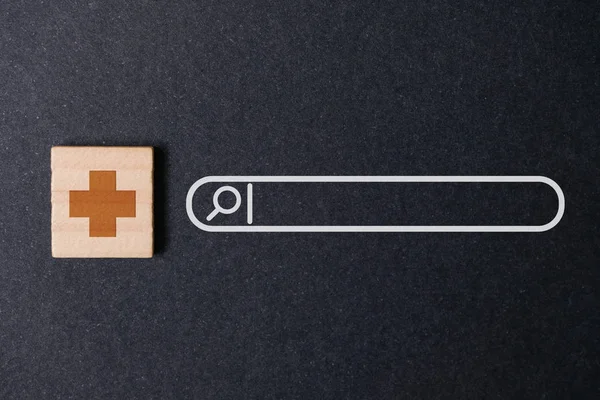 Medical symbol of the cross with magnifier icon. Concept of search health information.