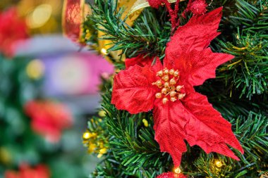 Red decoration in the form of a flower on a Christmas tree with a blurred background.