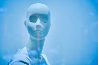 Hafif giysili kadın göğüs mankeni. 2020 'nin rengi. Klasik mavi tonlu.