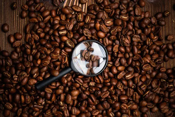 Glass magnifying glass on roasted coffee beans. The concept of finding a supplier. Top view. — Stock Photo, Image