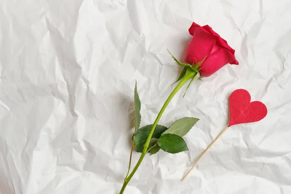 Hermosa rosa roja con un corazón en un palo sobre papel arrugado. Vista superior. Copiar espacio . — Foto de Stock