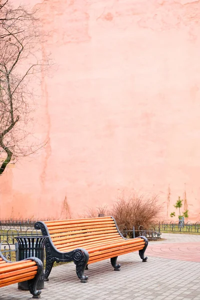 Benches in a city park against the background of the facade of the building.
