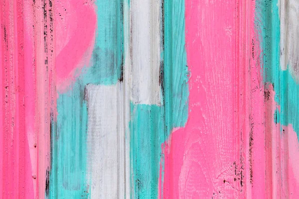 Wooden shabby fence painted in white, turquoise and pink. Texture, background — Stock Photo, Image