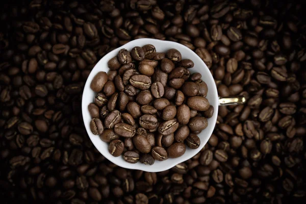 Taza blanca de café llena de granos de café. Viñeta. Vista superior . — Foto de Stock
