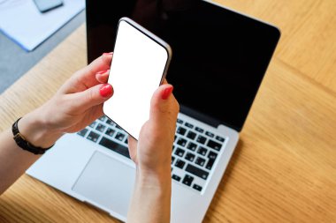 Girl look at the phone with copy space, mock up.