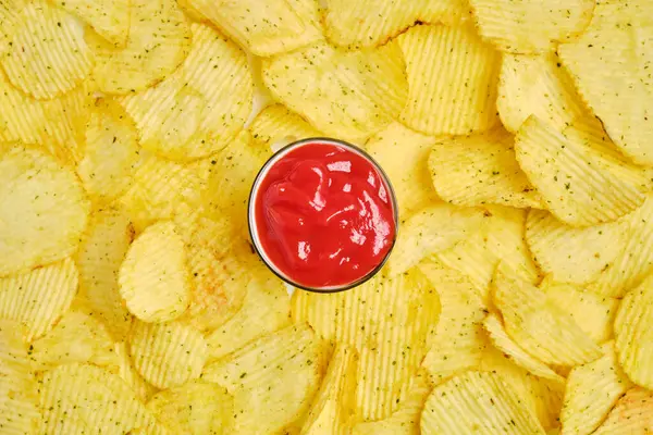 Fundo de batatas fritas e no centro de molho de tomate em uma tigela. Vista superior . — Fotografia de Stock