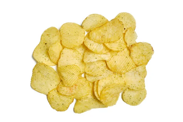 Chips Estriados Con Especias Sobre Fondo Blanco Aislado Vista Superior — Foto de Stock