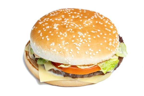 Burger Side View Λευκό Φόντο Απομονωμένοι Κλείσε — Φωτογραφία Αρχείου