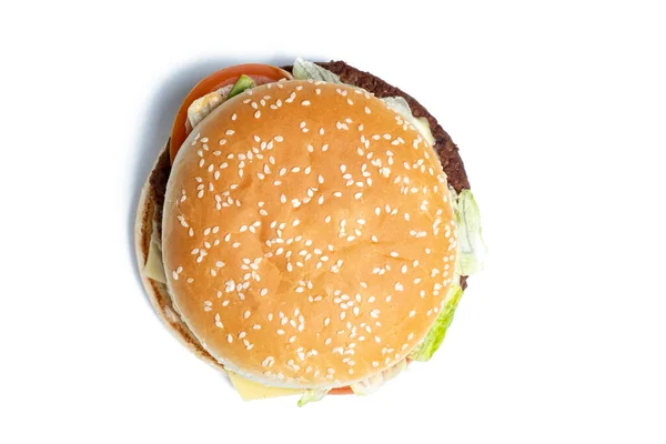 Beyaz arka planda hamburger üst görünümü. İzole edilmiş. Kapat..